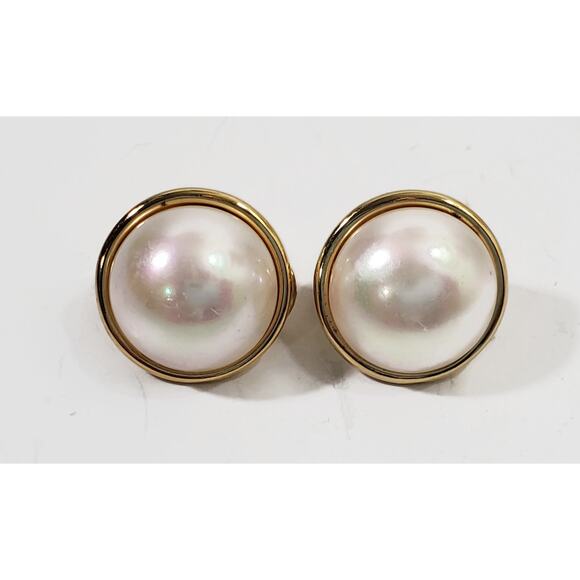 Vintage Majorica 18k Gold Over Sterling Silver Faux Pearl Omega Back Earrings - Picture 1 of 6